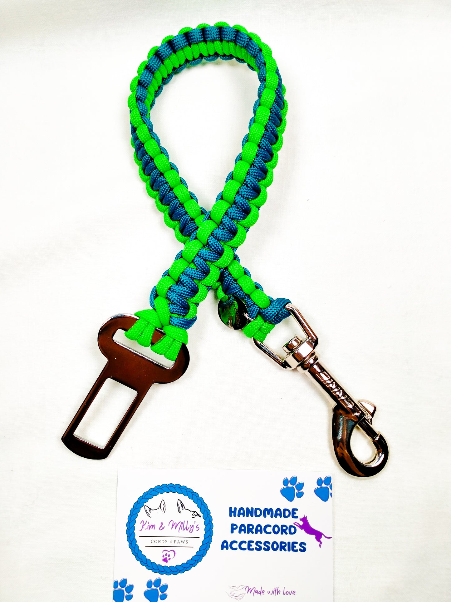 Pre Made: Car Restraint, 40cm, Neon Green, Teal Kim & Milly's Cords 4 Paws Paracord Handmade Dog Accessories Customizable Made in Germany Shipping worldwide