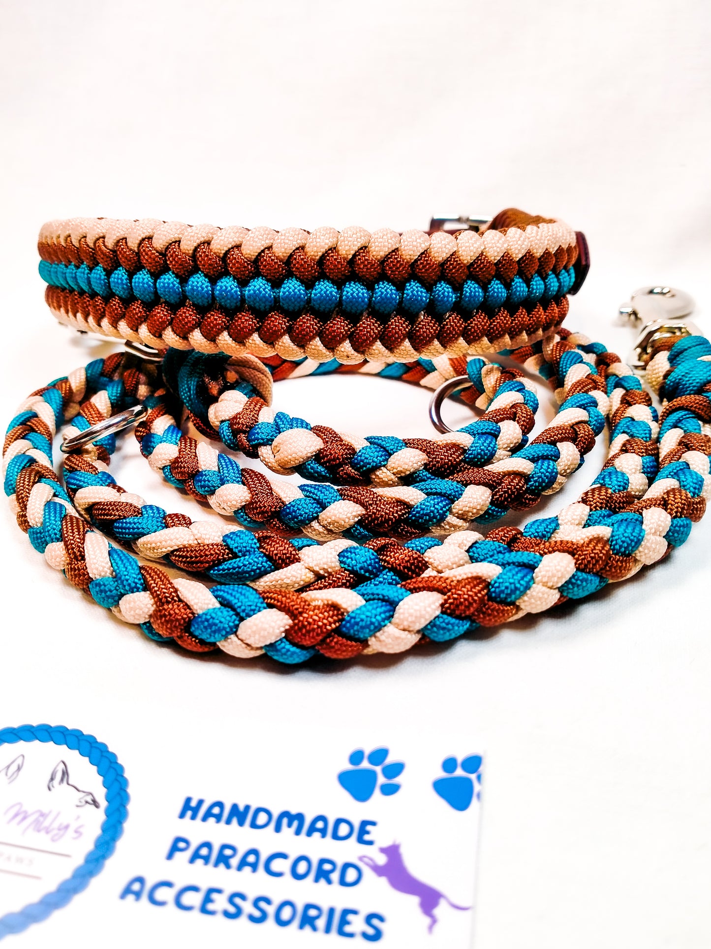 Pre Made: adjustable 6 Strand Half Round Braid Lead, Teal, Chocolate Brown, Tan, 1.25m Kim & Milly's Cords 4 Paws Paracord Handmade Dog Accessories Customizable Made in Germany Shipping worldwide