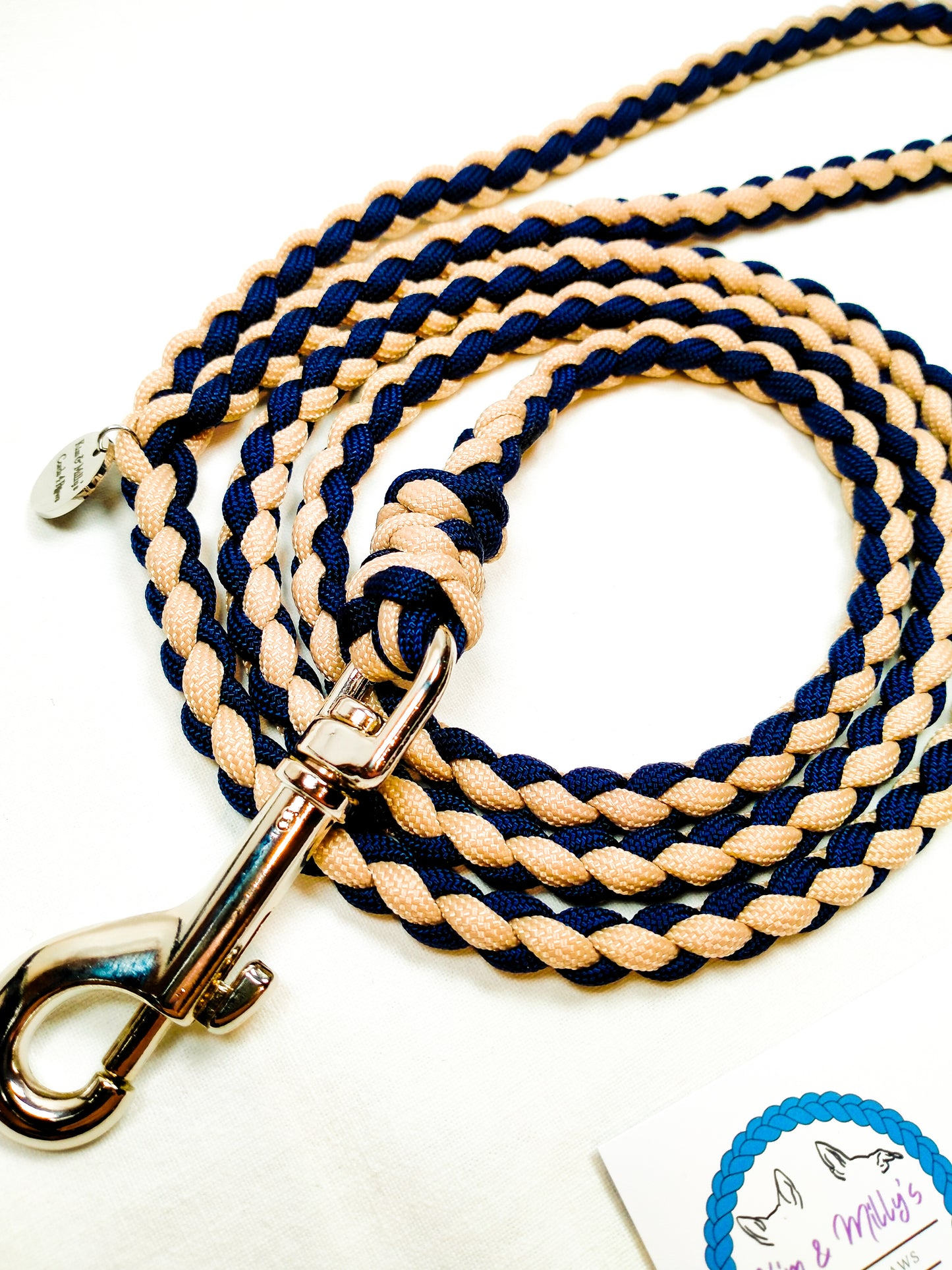 Pre Made: 4 Strand Round Braid Lead, Tan, Midnight Blue, 1.3m