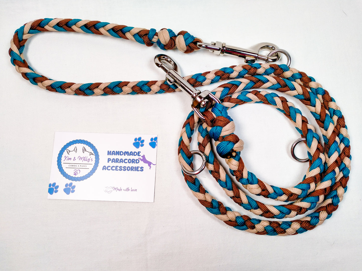 Pre Made: adjustable 6 Strand Half Round Braid Lead, Teal, Chocolate Brown, Tan, 1.25m