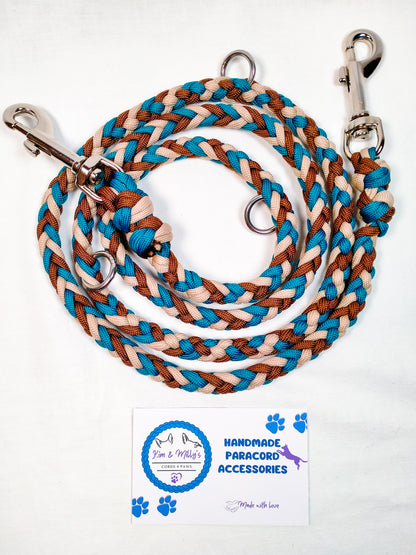 Pre Made: adjustable 6 Strand Half Round Braid Lead, Teal, Chocolate Brown, Tan, 1.25m