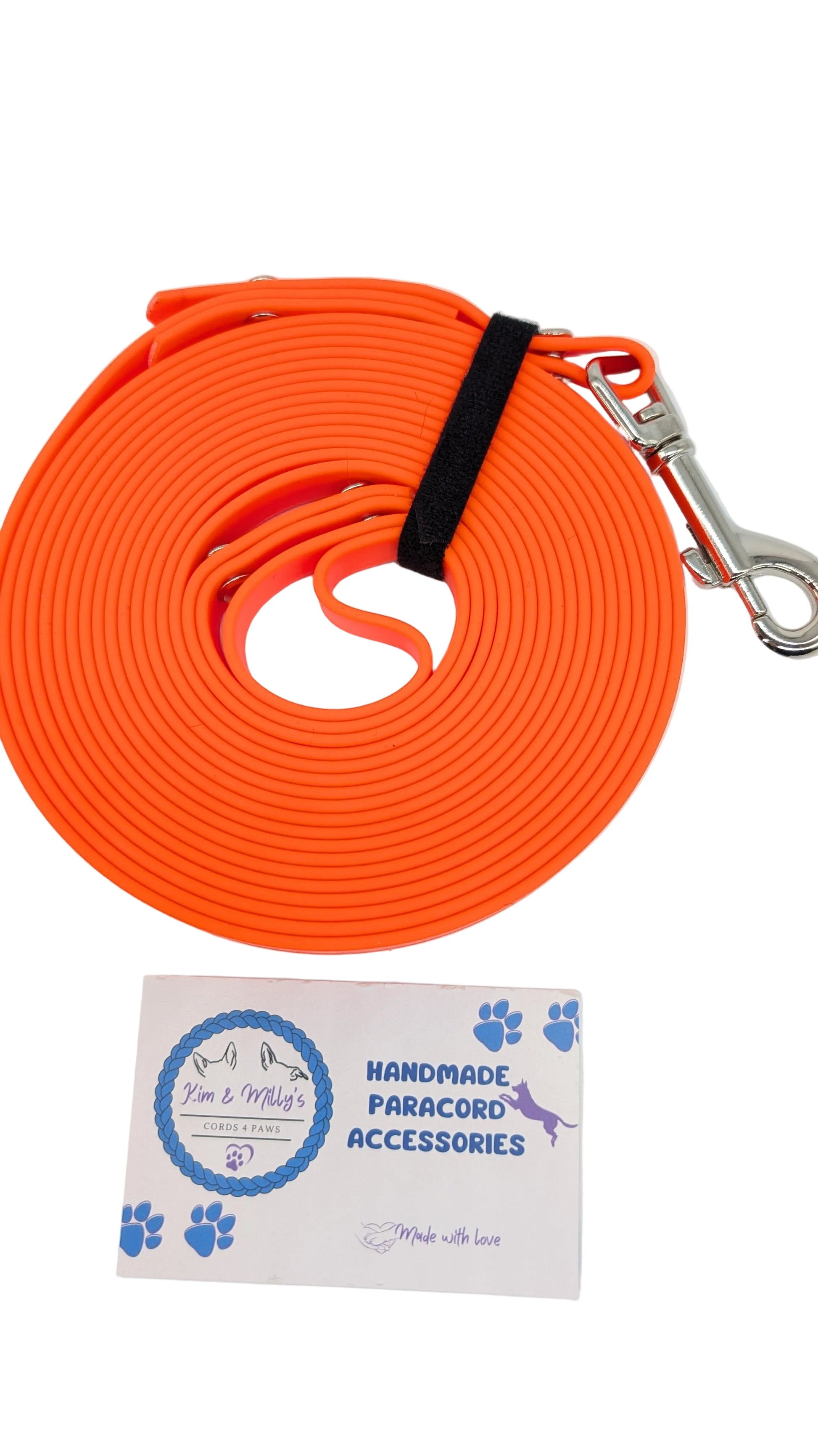 Pre-Made 5m BioThane Long Lines Neon Orange Kim & Milly's Cords 4 Paws Paracord Handmade Dog Accessories Customizable Made in Germany Shipping worldwide