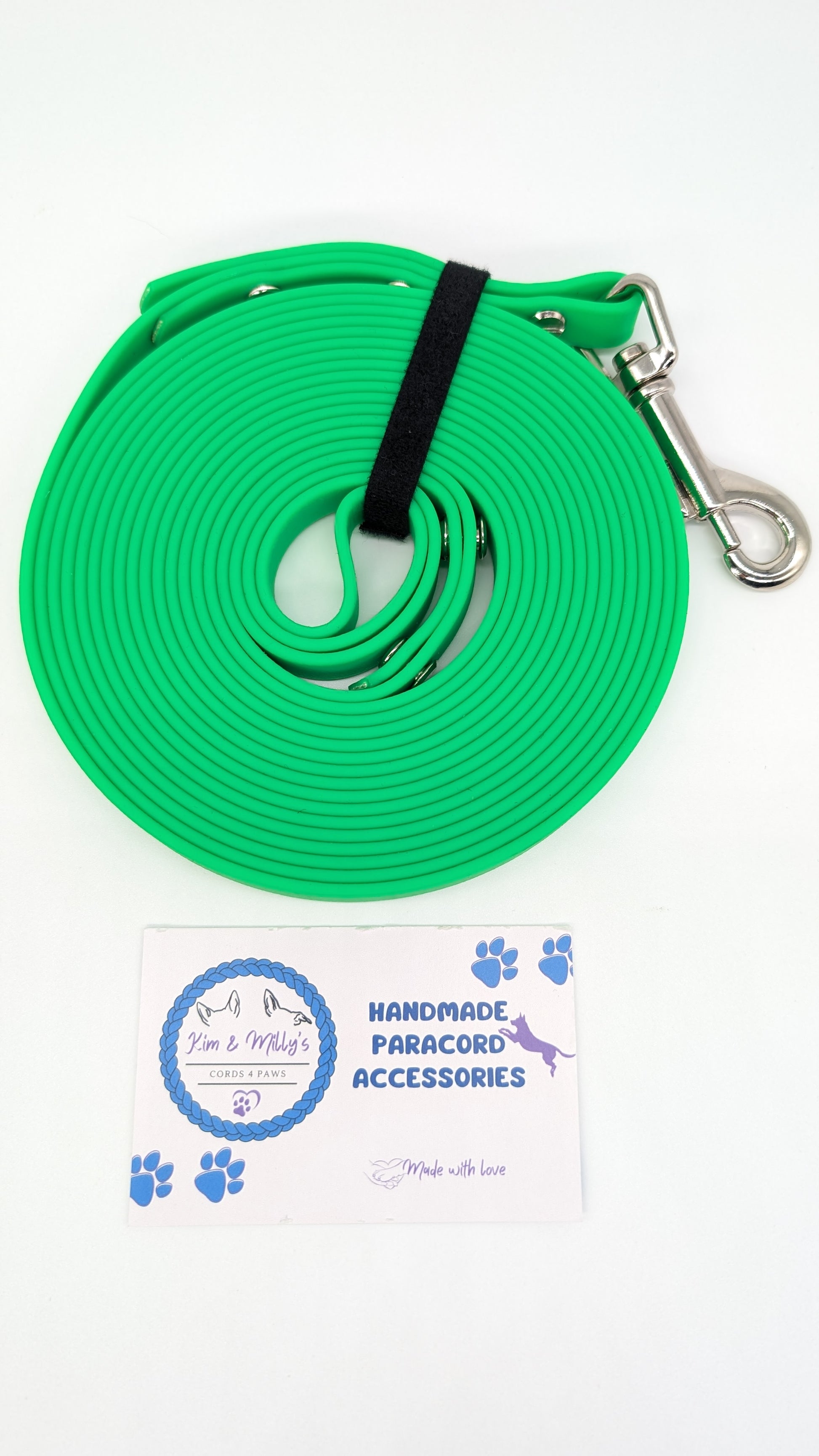 Pre-Made 5m BioThane Long Lines Neon Green Kim & Milly's Cords 4 Paws Paracord Handmade Dog Accessories Customizable Made in Germany Shipping worldwide